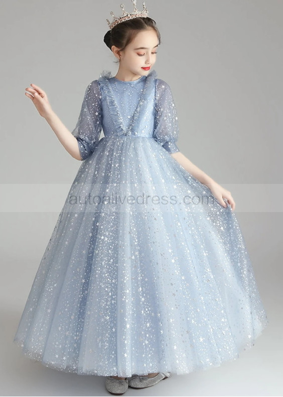 Elbow Sleeves Blue Sparkle Star Tulle Flower Girl Dress